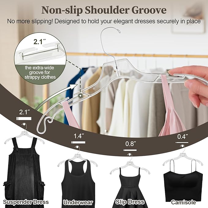 UEAKPIC Clear Plastic Hangers 50 Pack, Heavy Duty Clothes Hangers with 360° Swivel Hook, 2.1" Ultra-Wide Non-Slip Notches & Non-Slip Grips for Dresses, Shirts, Coats, Suits
