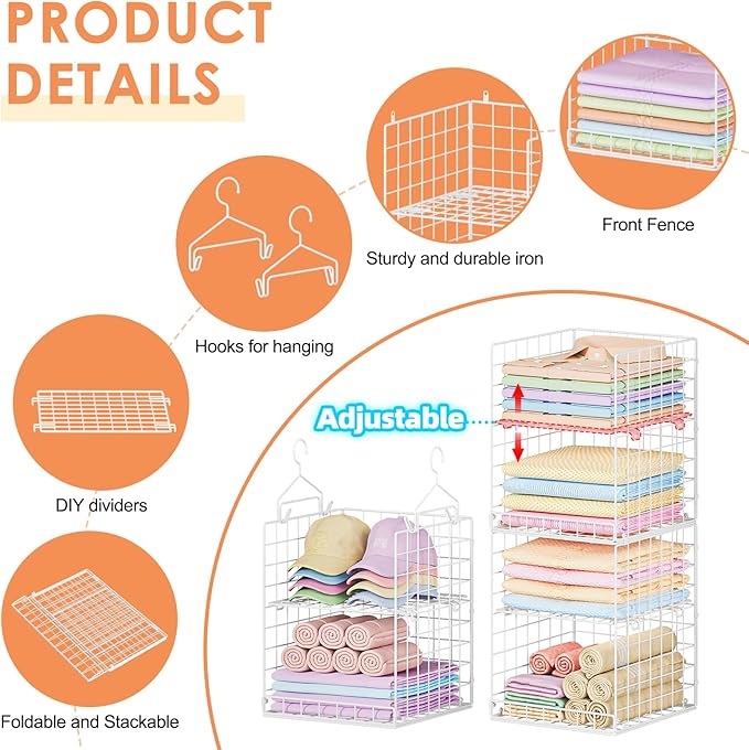 6 Tier Hanging Closet Organizer, Sweater Organizer for Closet, Stackable Wire Storage Basket Bins for Clothes Purse Shoes, Hanging Shelves with 4 Hooks & 3 Dividers Adjustable