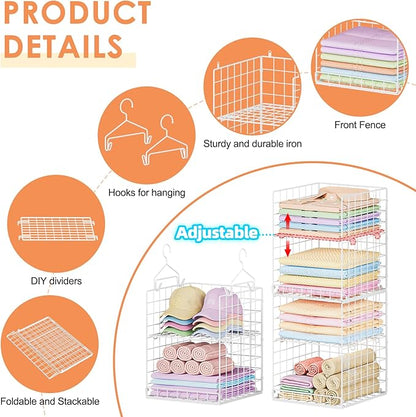 6 Tier Hanging Closet Organizer, Sweater Organizer for Closet, Stackable Wire Storage Basket Bins for Clothes Purse Shoes, Hanging Shelves with 4 Hooks & 3 Dividers Adjustable