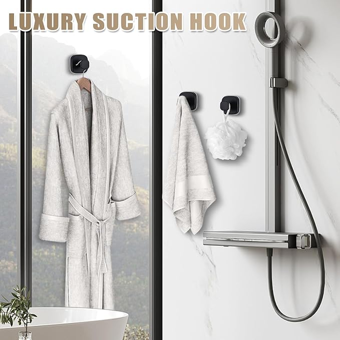 Fenas Suction Cup Hooks for Shower - Resuable Bathroom Hooks for Towels, Robes & Loofah - No-Drill Mounting on Kitchen,Walls,Metal,Glass,Mirrors,Tile & Smooth Non-Porous Surfaces (2, Matte Black)