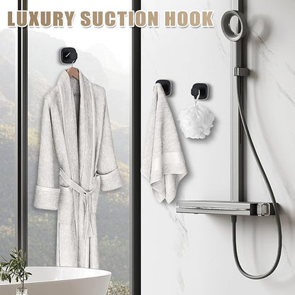 Fenas Suction Cup Hooks for Shower - Resuable Bathroom Hooks for Towels, Robes & Loofah - No-Drill Mounting on Kitchen,Walls,Metal,Glass,Mirrors,Tile & Smooth Non-Porous Surfaces (2, Matte Black)
