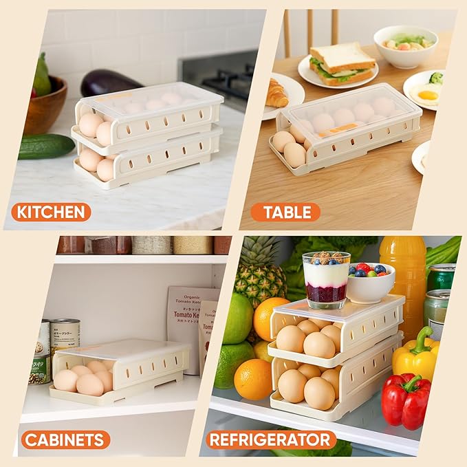 Automatic Rolling Egg Holder for Refrigerator, 1-Pack Stackable Egg Storage Containers, Smooth Glide Track, Steady Base & Dishwasher Safe