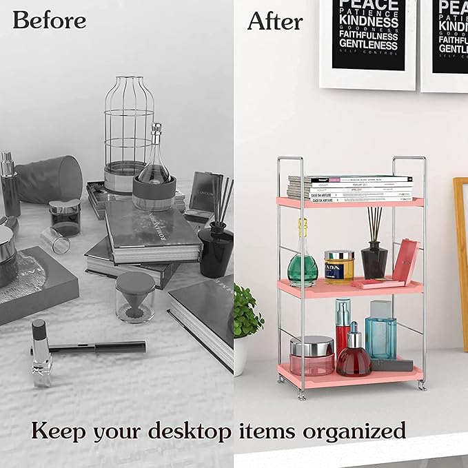 kaileyouxiangongsi Cosmetic Storage Rack for Bathroom Countertop, 3-Tier Standing Shelf for Kitchen Organizer, Stackage Perfume and Bath Collection Organizer Tray (Pink&Silver)
