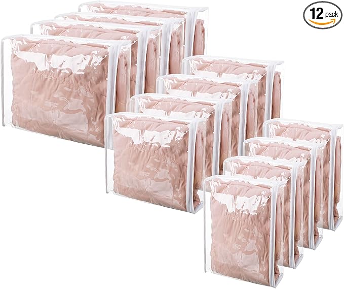 Sotiff 12 Pcs Clear Vinyl Storage Bag with Zipper 3 Sizes Durable Zippered Sweater Storage Bags Large Capacity Clothes Organizer Avoid Dust Dirt for Clothing Bedding Blankets Comforters Organize