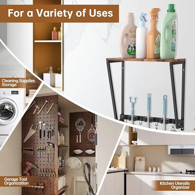 Broom Holder Wall Mount, Heavy Duty Broom & Mop Organizer Wall Hanging for Laundry Room Organization, Garage Storage & Home Improvement, Multi-Layer Iron & Wood Shelving with Hooks
