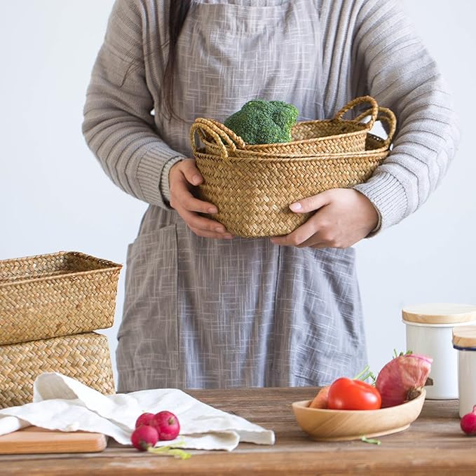 DOKOT Woven Rattan Baskets - Set of 3, Perfect for Kitchen Storage and Organizing Fruits