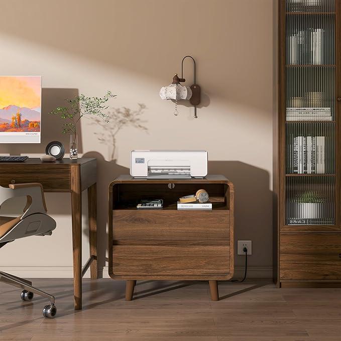 Nasonet Night Stand Set of 2 with Charger Station, Mid Century Modern Nightstand with 2 Drawers, Wood Bedside Table for Bedroom, Curved Beveled Design, Walnut