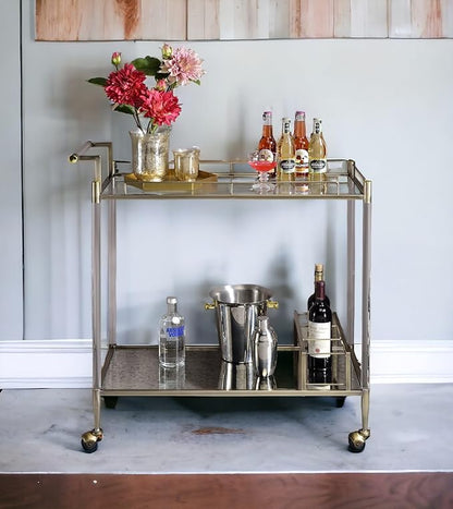 Cirro Glass Bar Cart with Antique Mirror, 2-Tier Serving Cart with Wire Brass Finish Frame, 39x16x37 Inch, Rolling Wheels