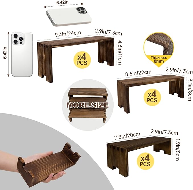 4Set Small Display Riser Wood Risers Wooden Cupcake Display Stand 3 Tiered 12Pcs Racks Cake Stands Dessert Food Perfume for Vendors Event for Party