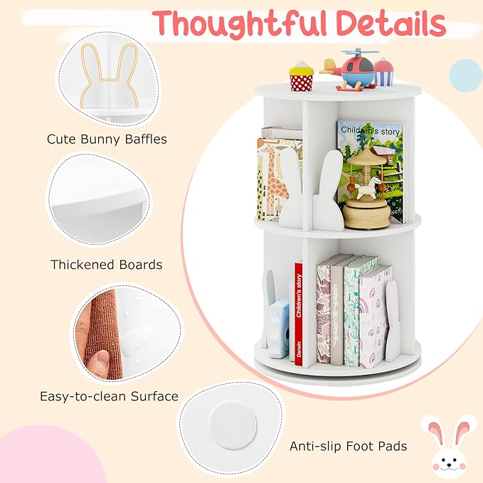 HONEY JOY Kids Rotating Bookshelf, Wooden Spinning Small Corner Organizer w/Baffles, 360°Display Standing Toddler Bookshelf, Narrow Storage Rack, Montessori Book Shelf for Nursery, Playroom (White)