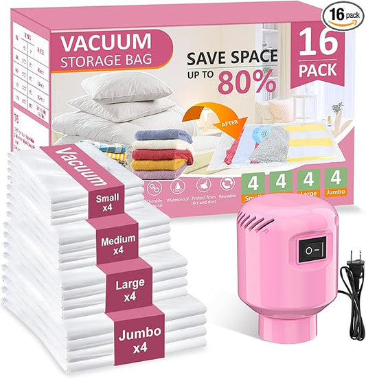 Vacuum Seal Bags for Clothing Travel, 16 Pack Space Saver Vacuum Storage Bags with Electric Pump,Portable Compression Sealer for Clothes,Blankets,Bedding & Travel Essentials,Good for Luggage Packing