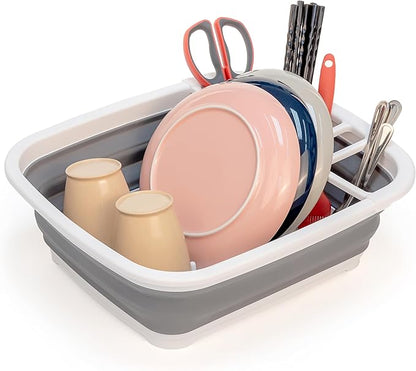 SAMMART 8L (2.11Gallons) Collapsible Dish Drainer - Foldable Drying Rack - Portable Dinnerware Organizer - Space Saving Kitchen Utensil Storage Tray (White/Steel Grey)