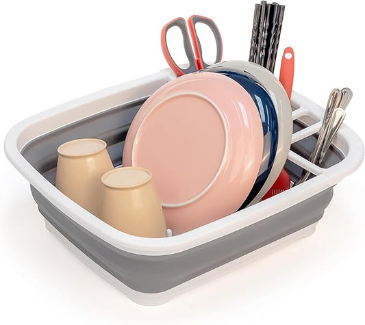 SAMMART 8L (2.11Gallons) Collapsible Dish Drainer - Foldable Drying Rack - Portable Dinnerware Organizer - Space Saving Kitchen Utensil Storage Tray (White/Steel Grey)