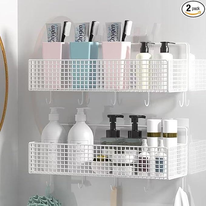 2 Pack Hanging Wall Wire Baskets,Metal Wire Storage Bin Rack for Kitchen Bathroom Shower Spice Shelf (White)