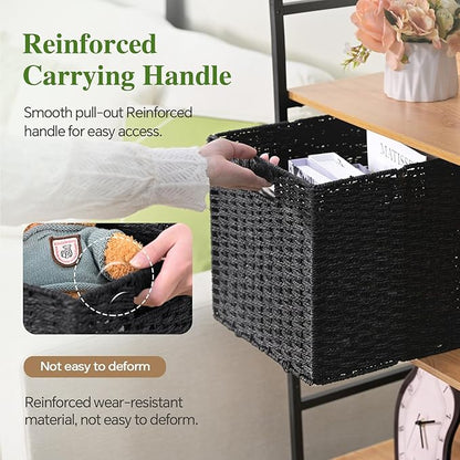 Woven Wicker Storage Baskets 2-Pack, 11x11 Handwoven Paper Rope Organizer Bins, Foldable Cube Storage Cubes with Built-in Handles for Shelves and Closet Organization(Classic Black)