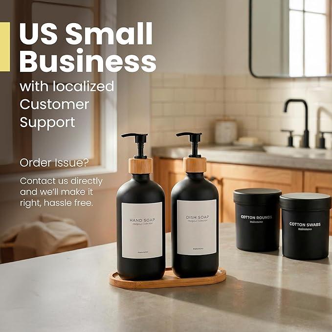 Maisonovo Glass Soap Dispenser Bathroom Set | Hand Soap and Dish Soap Dispenser Set | 16.9oz Amber Bottles with Black Bamboo Pump | Bathroom Lotion Dispenser Set of 2