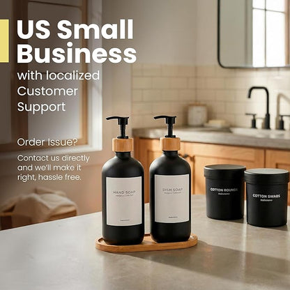 Maisonovo Glass Soap Dispenser Bathroom Set | Hand Soap and Dish Soap Dispenser Set | 16.9oz Amber Bottles with Black Bamboo Pump | Bathroom Lotion Dispenser Set of 2