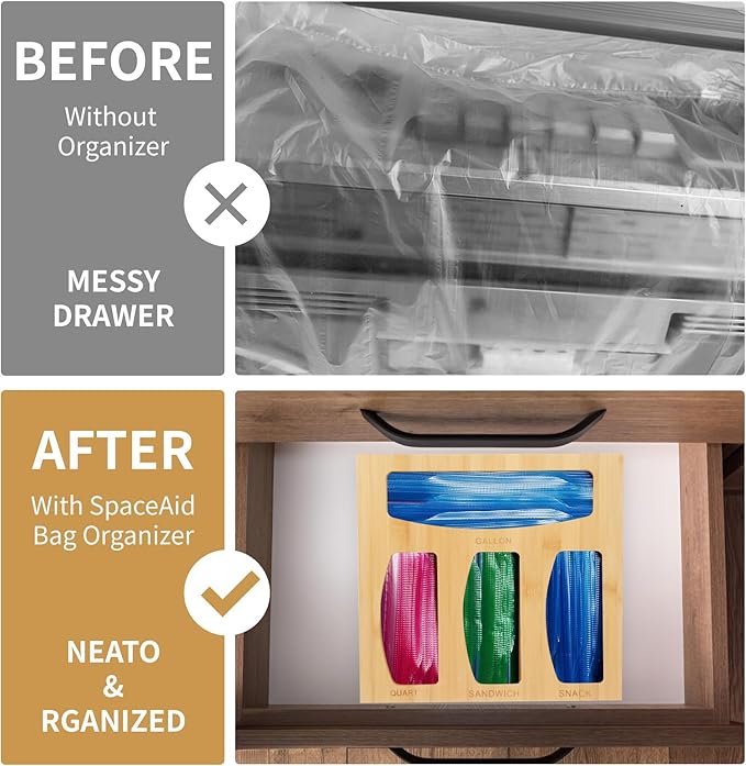 Plastic Bag Organizer, Bamboo Food Storage Bags Container Organizer for Drawer, Baggie Bags Storage for Drawer Compatible Sandwich Variety Size Bags