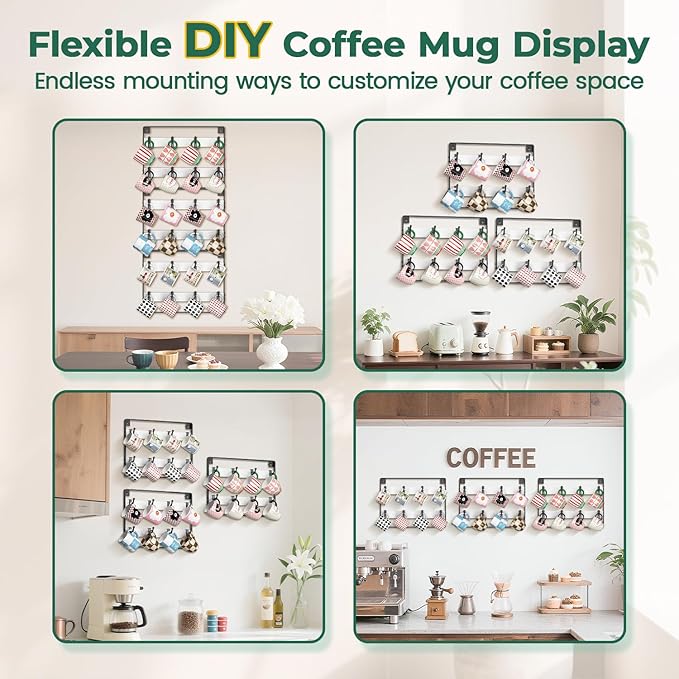 EsLuker.ly Mug Holder Hanger Rack Wall Mounted Wooden 3 Pack Coffee Cup Storage Organizer Display Shelf with 24 Removable Plastic Hooks, Ideal for Mug Collectors, White-Black