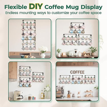 EsLuker.ly Mug Holder Hanger Rack Wall Mounted Wooden 3 Pack Coffee Cup Storage Organizer Display Shelf with 24 Removable Plastic Hooks, Ideal for Mug Collectors, White-Black