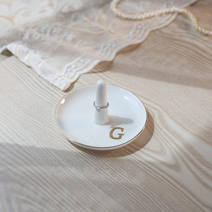 HOME SMILE Initials Ring Holder Jewery Tray with personalized G-Monogrammed Engagement Gifts for Friends,Birthday Mother's Day Christmas Gifts for Women,Ceramic White