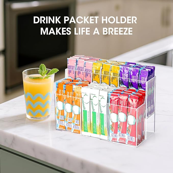 AIEVE Drink Packet Organizer, 2-Tier Water Flavor Packet Holder for Pantry Storage, Acrylic Drink Mix Organizer Hydration Powdered Mixes Holder Container for Cabinet Kitchen Storage