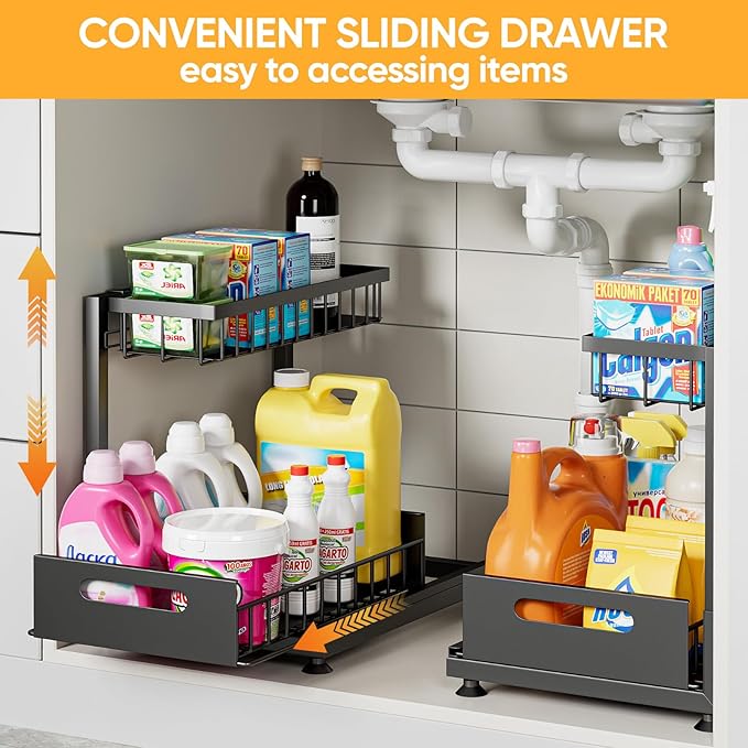 Under Sink Organizer Storage 2-Tier Premium Metal Pull-Out Racks, Height Adjustable, Heavy Dut and Easy Installation for Kitchen & Bathroom Organizers 2 Pack