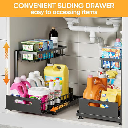 Under Sink Organizer Storage 2-Tier Premium Metal Pull-Out Racks, Height Adjustable, Heavy Dut and Easy Installation for Kitchen & Bathroom Organizers 2 Pack