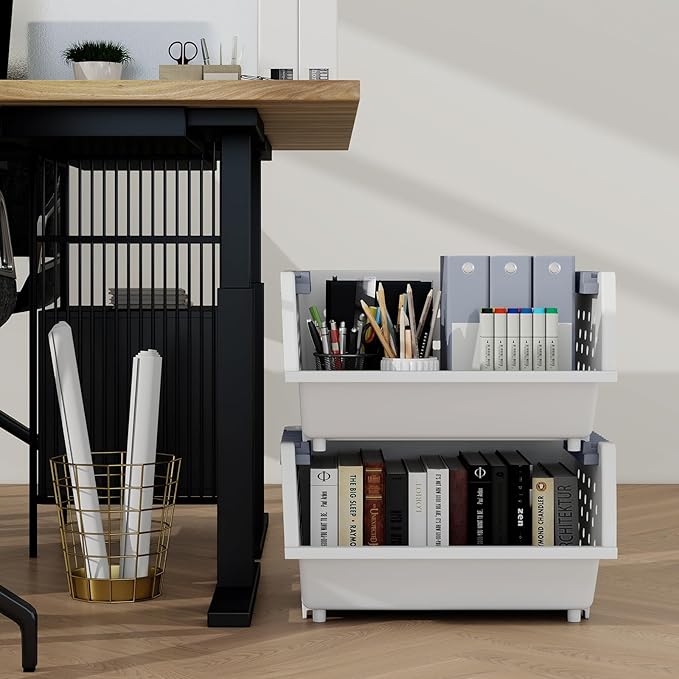 4-Pack Plastic Kitchen Stackable Storage Basket, Stacking Organizer Basket, White