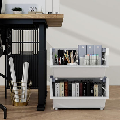 4-Pack Plastic Kitchen Stackable Storage Basket, Stacking Organizer Basket, White