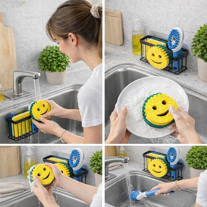 Smiley Sponge Holder for Kitchen Sink – Suction Cup Sink Caddy Organizer – No Drill Kitchen Sink Organizer for Sponge, Soap & Scrubber – Rustproof Metal Sink Sponge Holder – Includes Face Sponge.