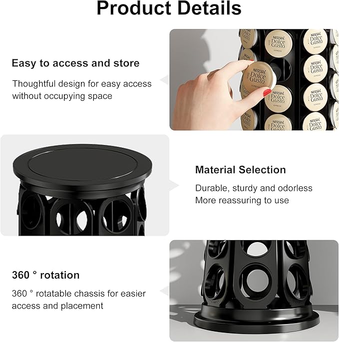 K Cup Holder, Coffee Pod Carousel Organizer K Cup Stand, Compatible with 40 Keurig K-Cup Pods, Large Compacity Coffee Capsule Holder, Home or Office Kitchen Counter Organize(Black)