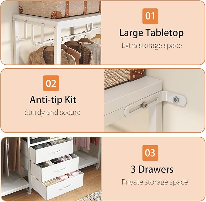 Garment Rack Heavy Duty Clothes Rack for Hanging Clothes, Freestanding Clothing Rack with 3 Fabric Drawers, Wood Stoarge Shelf, Adjustable Closet Racks, Corner L Shaped Closet System Organizers, White