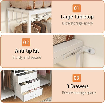 Garment Rack Heavy Duty Clothes Rack for Hanging Clothes, Freestanding Clothing Rack with 3 Fabric Drawers, Wood Stoarge Shelf, Adjustable Closet Racks, Corner L Shaped Closet System Organizers, White