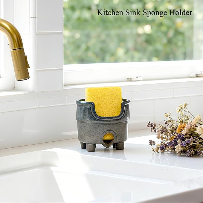 wowhalolo Ceramic Sponge Holder with Drainage, Farmhouse Sink Caddy Organizer, Self Draining Design for Sponges,Soap,Brushes, Compact Rustic Kitchen Accessory, Keeps Counter Dry（Country Blue）