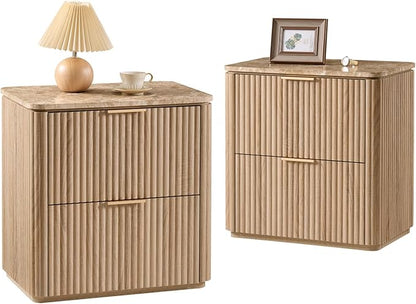 Fluted Nightstand Set of 2, Bedside Table with 2 Drawers, Engineered Wood End Table with Faux Marble-Top, Curved Corners, Metal Handle, Modern Night Stand for Bedroom, Small Spaces, Natural Oak