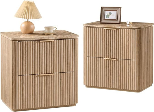 Fluted Nightstand Set of 2, Bedside Table with 2 Drawers, Engineered Wood End Table with Faux Marble-Top, Curved Corners, Metal Handle, Modern Night Stand for Bedroom, Small Spaces, Natural Oak