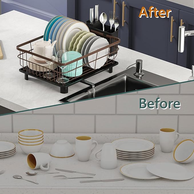 AIDERLY Iron Dish Drying Rack with Drainboard Dish Drainers for Kitchen Counter Extendable Spout Strainers with Utensil Holder and Knife Slots, Brown