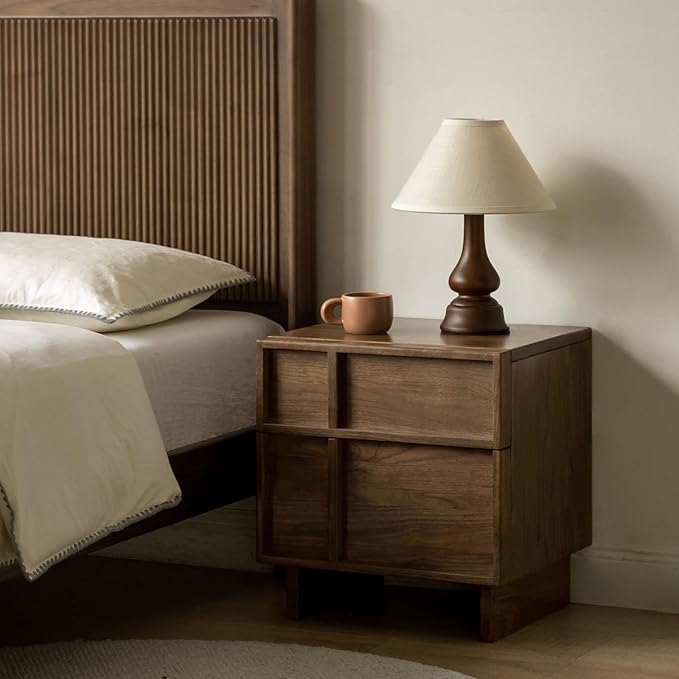 YESWOOD Solid Wood Nightstand Set of 2, Walnut Nightstand with Drawers, Mid Century Modern Nightstands, Wood Bedside Table for Small Space. Boho Night Stand, Fluted Night Stands for Bedroom, 18.90" H