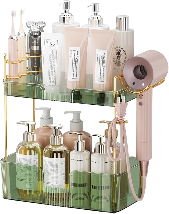 Akinbas 2 Tier Bathroom Organizer Countertop Makeup Perfume Tray Skincare Organizer Comes with Hair Dryer Rack and Toothbrush Holder for Bathroom Dresser Vanity (Green)