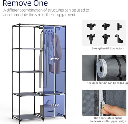 Portable Closet, Wardrobe Closet with 6 Storage Shelves and 2 Hanging Rods, Non-Woven Fabric Cover, 34.6 x 17.7 x 66.1 Inches Closet Organizer for Bedroom, Gray
