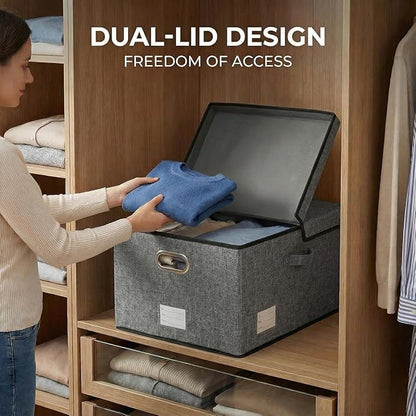 PRANDOM Storage Bins with Lids [3-Pack] Linen Fabric Foldable Storage Boxes Organizer Containers Baskets Cube with Cover Grey(23.4X15.9X11.4)