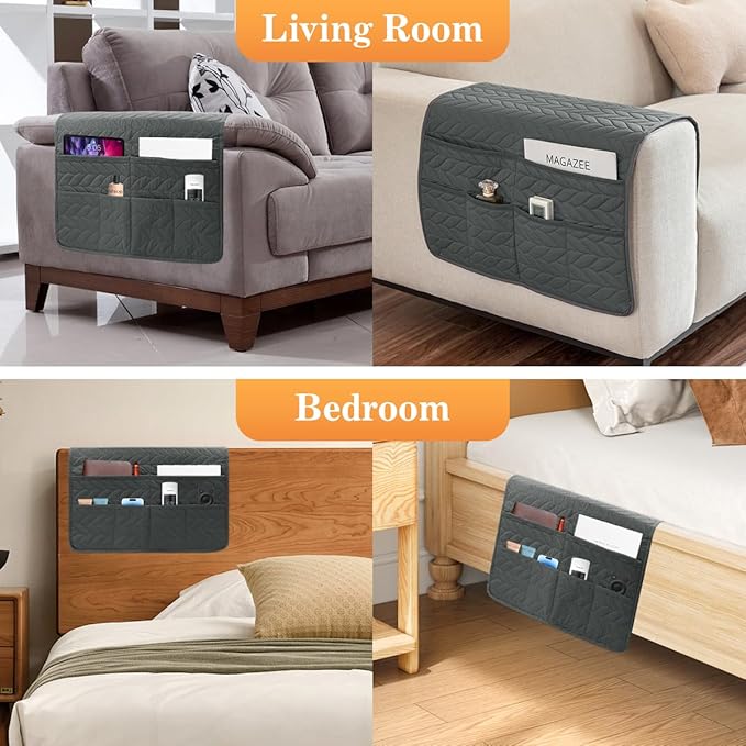 HADEEONG Sofa Armrest Organizer Arm Chair Caddy for Recliner, Remote Control Holder for Recliner, Non-Slip Armchair Caddy with 6 Pockets Storage for Magazine, Tablet, Phone, Dark Grey