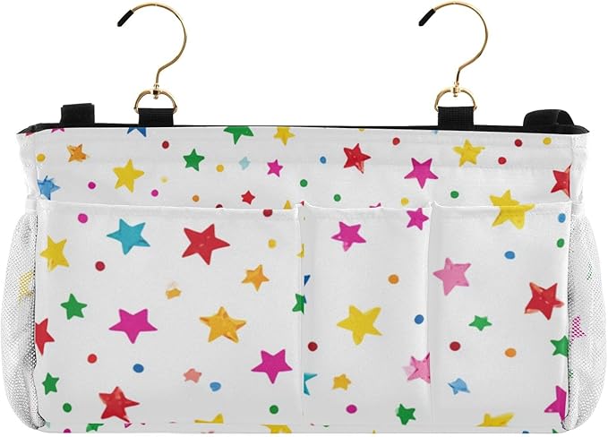 CuwrYet Bedside Caddy Hanging Bunk Bed Caddy Bed Organizer Hanging Pocket with 2 Hooks Bedside Storage Organizer Pocket Bag Holder Small Colorful Stars and Dots