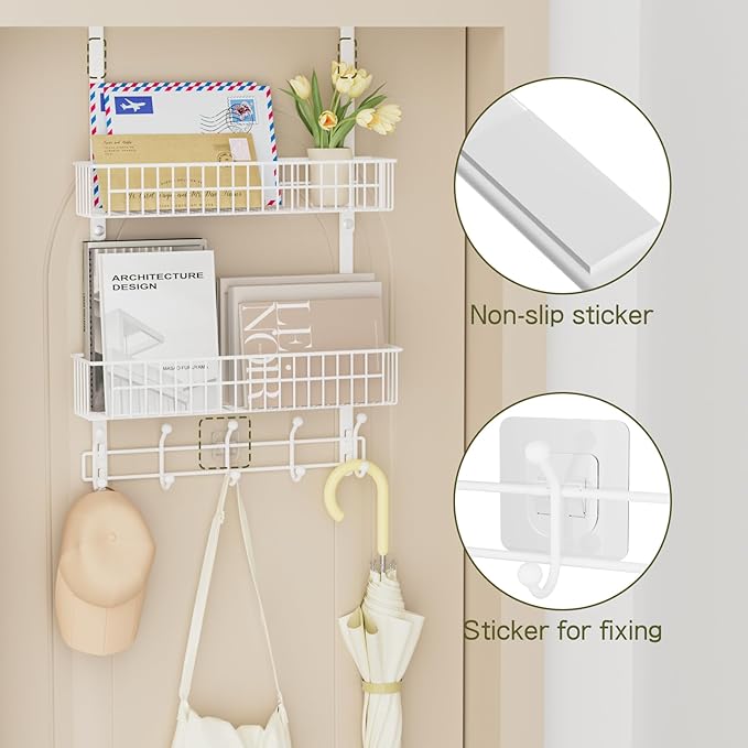 Aimeaihe Over The Door Hooks, Door Hanger Towel Rack with 10 Coat Hooks & 2 Mesh Basket, Over Door Storage Organizer for Bathroom, Bedroom, Kitchen, Office, Easy Installation, White