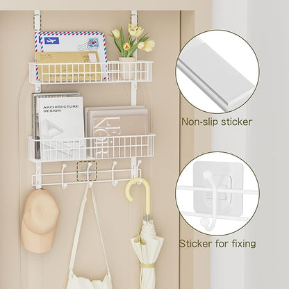 Aimeaihe Over The Door Hooks, Door Hanger Towel Rack with 10 Coat Hooks & 2 Mesh Basket, Over Door Storage Organizer for Bathroom, Bedroom, Kitchen, Office, Easy Installation, White
