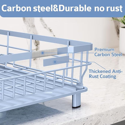 Ricobes Dish Drying Rack - Space Saving Dish Rack - Dish Racks for Kitchen Counter with Drainboard,Rustproof Dish Drainer with Removable Utensil Holder,Blue
