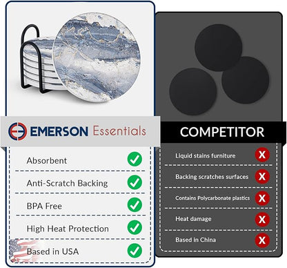 Emerson Essentials Coasters for Drinks Absorbent with Holder, Set of 6, Cork Bottom Ceramic Stone Marble Style for Wooden Coffee Bar Tables, Glass Tabletop Non Slip, Natural Stone