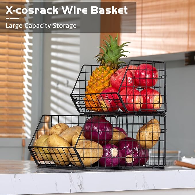 2 Tier Stackable Wire Basket-Kitchen Counter, Pantry Organization and Storage - Cabinet, Countertop Space Saving Organizing - Produce, Fruit, Vegetable,Onion, Potato, Bread Organizer Bin