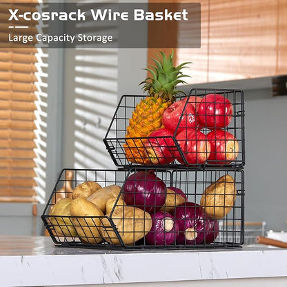 2 Tier Stackable Wire Basket-Kitchen Counter, Pantry Organization and Storage - Cabinet, Countertop Space Saving Organizing - Produce, Fruit, Vegetable,Onion, Potato, Bread Organizer Bin